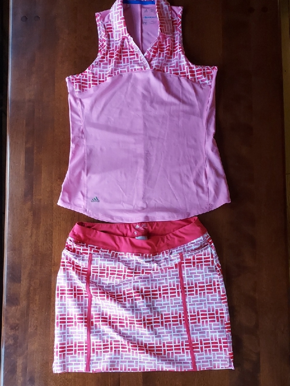 adidas Pink & Red Geometric Sleeveless Tennis Top and Skort Set
